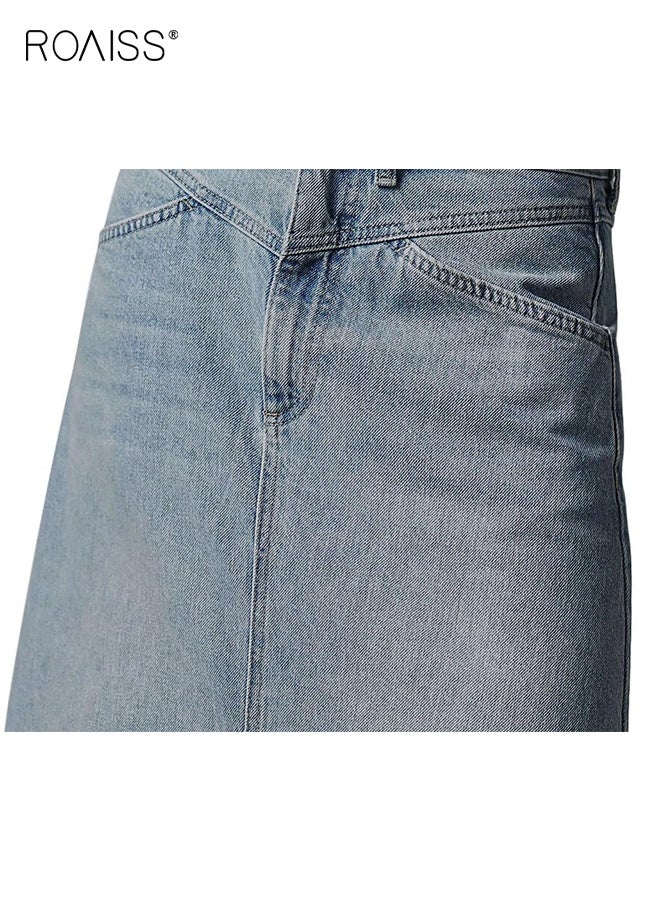 رويس تنورة ماكسي نسائية من قماش الدنيم الكلاسيكي، ذات حاشية خام مهترئة، وخصر مرتفع، وتنورة جينز طويلة على شكل حرف A، وتنورة طويلة تناسب جميع الأذواق، مع جيوب للنساء - Image 3