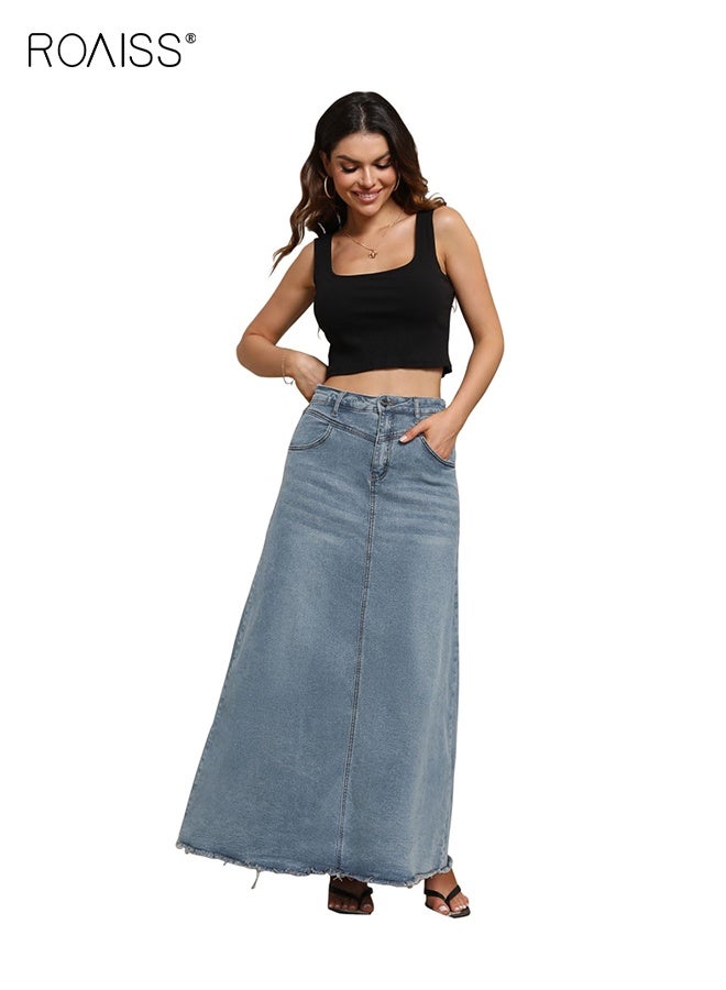رويس تنورة ماكسي نسائية من قماش الدنيم الكلاسيكي، ذات حاشية خام مهترئة، وخصر مرتفع، وتنورة جينز طويلة على شكل حرف A، وتنورة طويلة تناسب جميع الأذواق، مع جيوب للنساء - Image 1