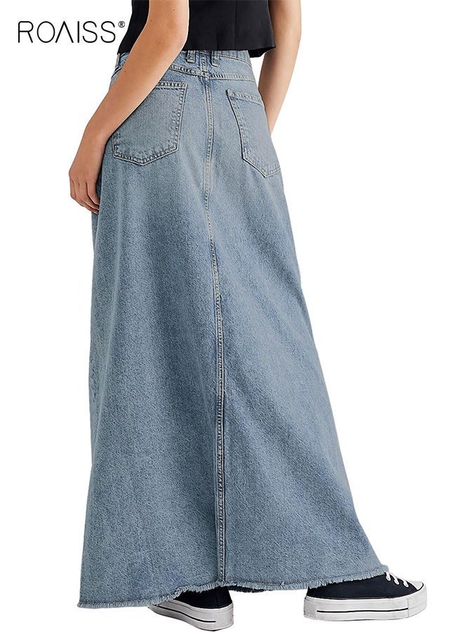 رويس تنورة ماكسي نسائية من قماش الدنيم الكلاسيكي، ذات حاشية خام مهترئة، وخصر مرتفع، وتنورة جينز طويلة على شكل حرف A، وتنورة طويلة تناسب جميع الأذواق، مع جيوب للنساء - Image 2