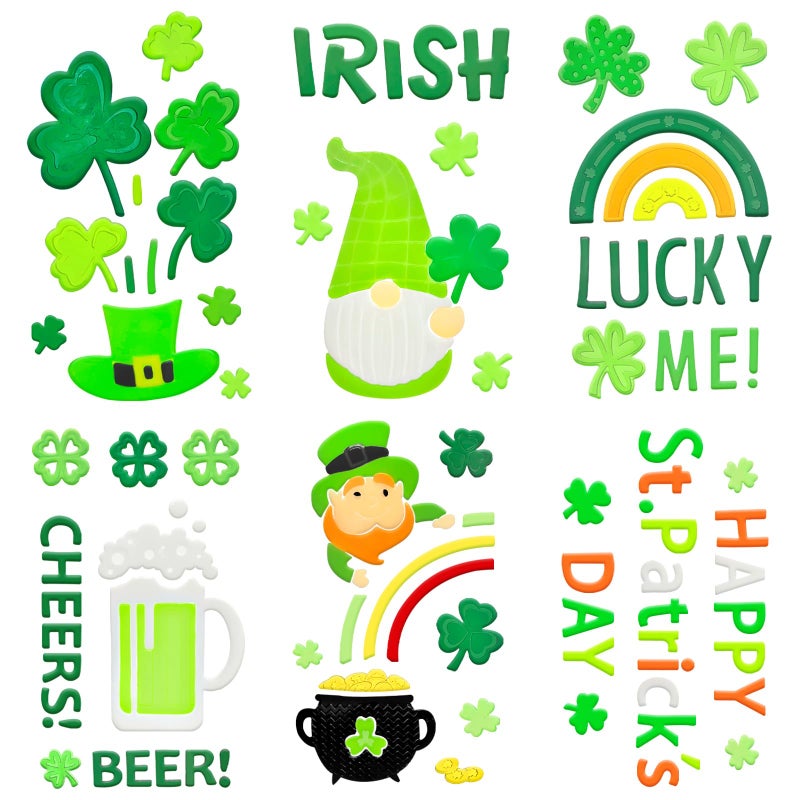 HOHUCRAB 6pcs St Patricks Day Gel Window Clings, Shamrock, Lucky Me, Irish, Rainbow, Gnome Gel Window Clings for St. Patrick's Day Decorations (St Patricks Day) - Image 1