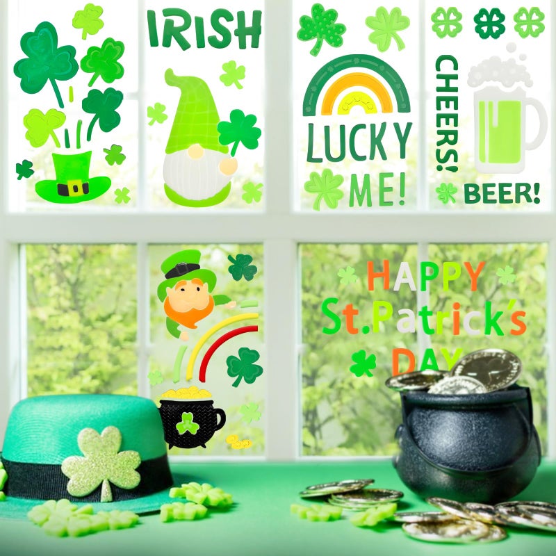 HOHUCRAB 6pcs St Patricks Day Gel Window Clings, Shamrock, Lucky Me, Irish, Rainbow, Gnome Gel Window Clings for St. Patrick's Day Decorations (St Patricks Day) - Image 2