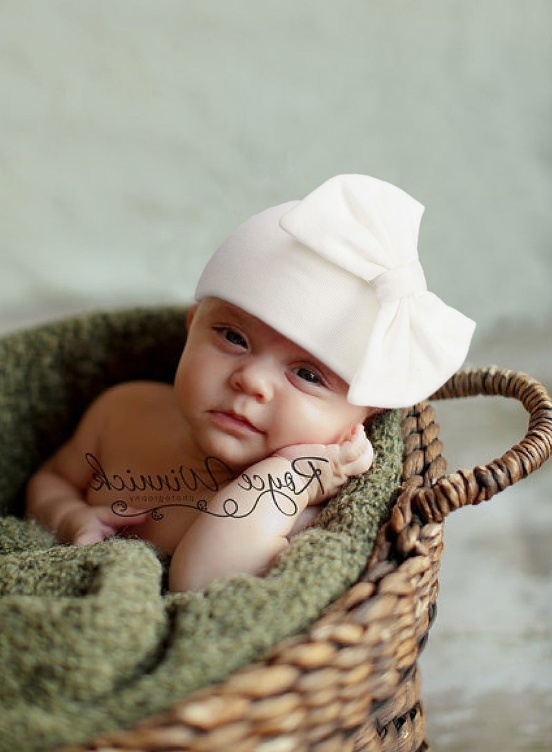 Newborn Bowtie Pullover Hat White  - Image 1