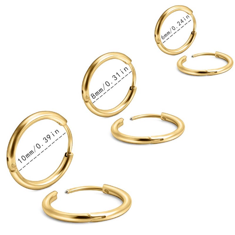 EACHLP 6Pcs 316L Surgical Stainless Steel Small Gold Huggie Hoop Earrings 6mm 8mm 10mm Hypoallergenic Earrings Hoop Cartilage Helix Lobes Hinged Sleeper Earrings for Men Women ï¼ˆ6mm 8mm 10mmGoldï¼‰ - Image 2