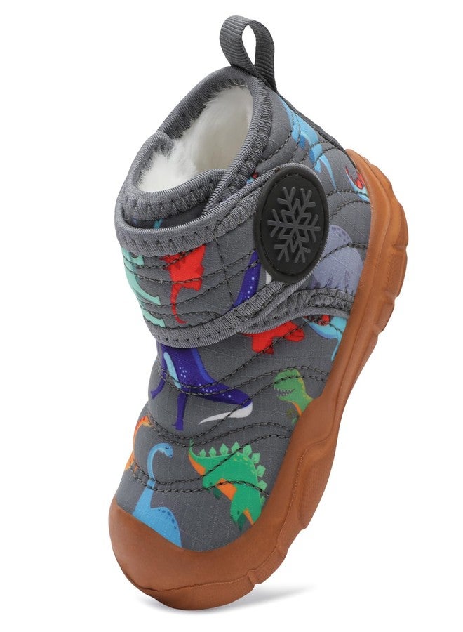 FEETCITY Baby Winter Warm Shoes Cozy Fleece Snow Boots Boys Girls Infant First Walking Shoes Water Resistance Booties, Grey Dinosaurs, 12-18 Months - Image 1