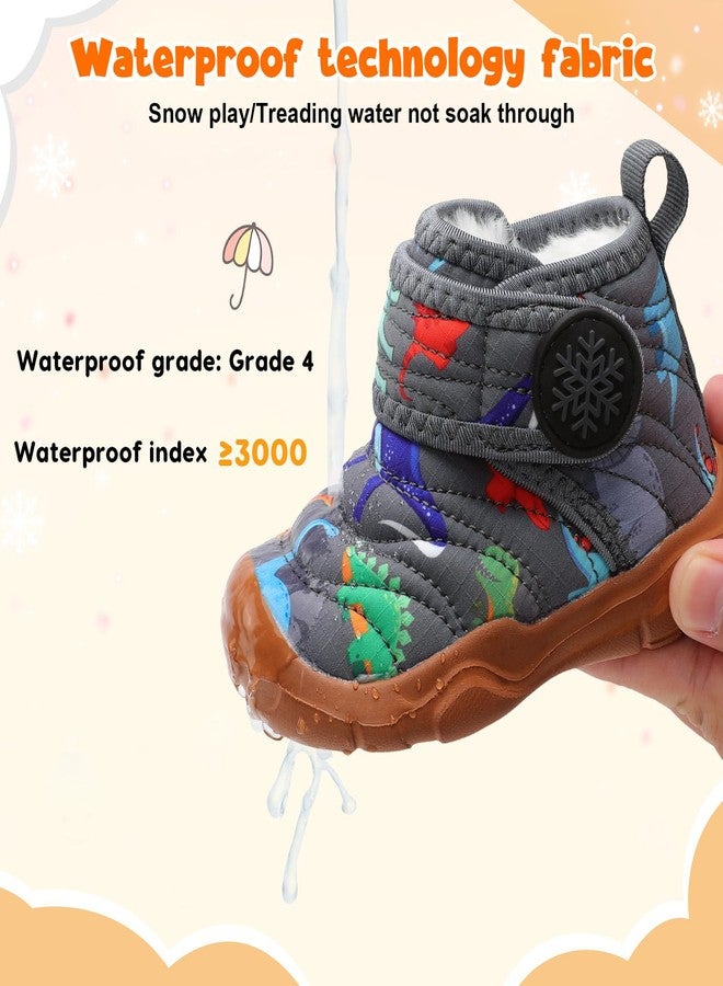 FEETCITY Baby Winter Warm Shoes Cozy Fleece Snow Boots Boys Girls Infant First Walking Shoes Water Resistance Booties, Grey Dinosaurs, 12-18 Months - Image 3