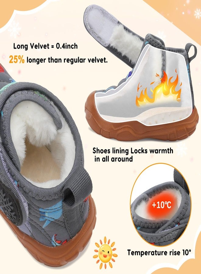 FEETCITY Baby Winter Warm Shoes Cozy Fleece Snow Boots Boys Girls Infant First Walking Shoes Water Resistance Booties, Grey Dinosaurs, 12-18 Months - Image 2