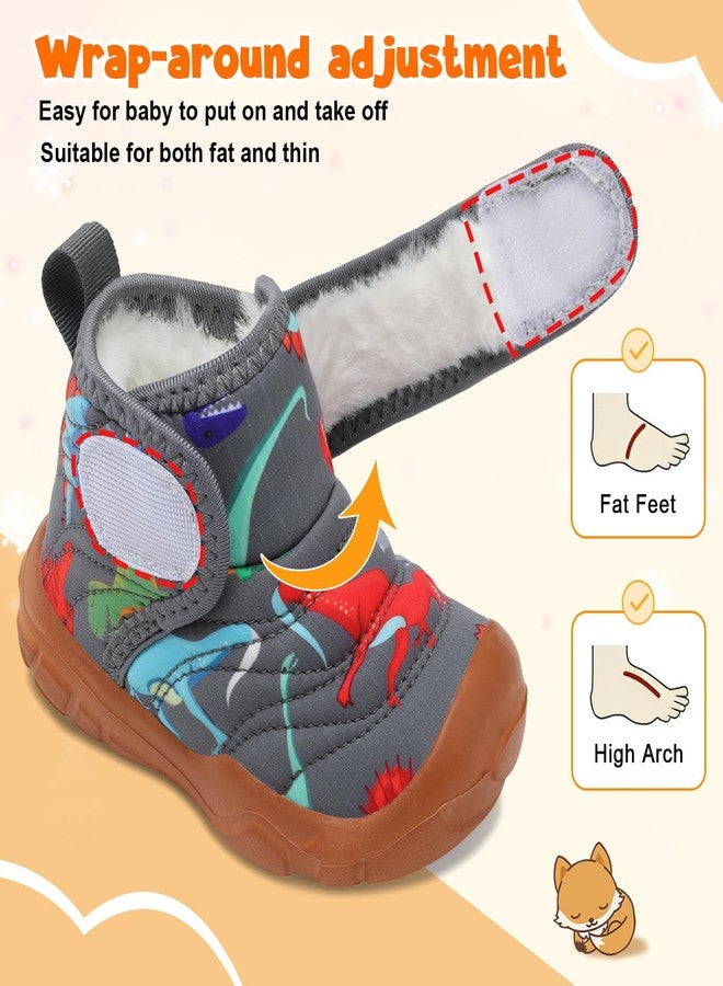 FEETCITY Baby Winter Warm Shoes Cozy Fleece Snow Boots Boys Girls Infant First Walking Shoes Water Resistance Booties, Grey Dinosaurs, 12-18 Months - Image 4