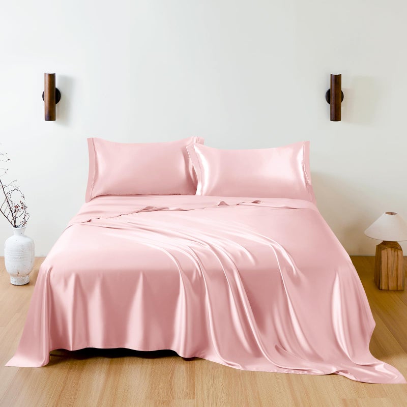 THXSILK 100 Mulberry Silk Sheet Set 7A Silk Sheet Set Soft Breathable Luxury Bedding 1 Flat Sheet 1 Fitted Sheet 2 Pillow Shams Queen Charming Pink