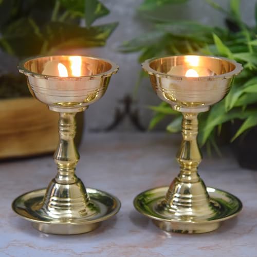 NEETU ARTS | Pure Brass Udupi Nanda Diya | Deepak | Deep for Pooja | Home Temple Decor | Pack of 2 | 5 Inches | 510g - Image 1