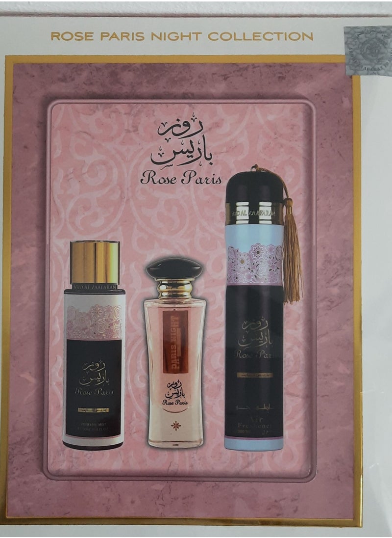 ارض الزعفران روز باريس (مجموعة هدايا) ماء عطر 100 مل + 250 مل معطر جسم + 300 مل معطر جو  - Image 1