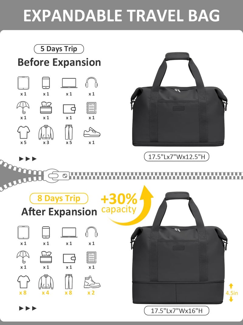 Capolo Expandable Travel Duffle Bag, Waterproof Weekender Overnight Bags for Women Men Hospital Bag for Women Labor Delivery Carry on Bag with Toiletry Bag for Travel Gym Airplanes(Black, Large) - Image 3