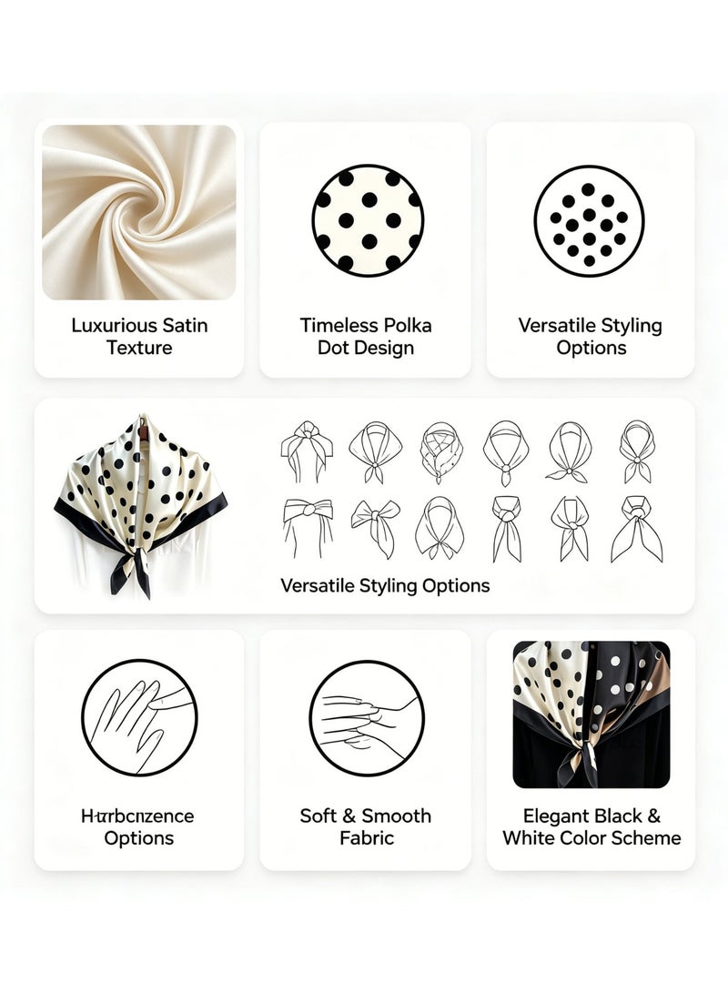 QITAI French Cream & Black Polka Dot Satin Square Scarf, Women's Elegant Silk Scarf, Versatile Neck & Head Scarf, Commute Decorative Shawl - Image 4