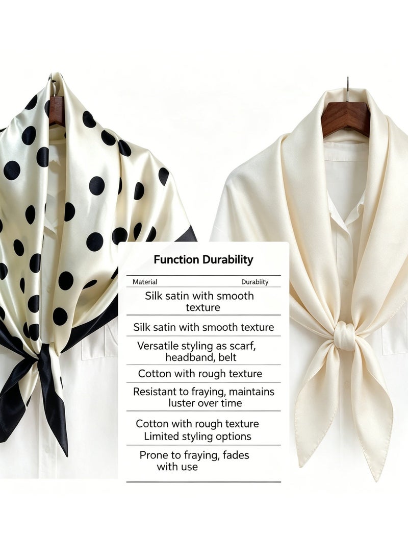 QITAI French Cream & Black Polka Dot Satin Square Scarf, Women's Elegant Silk Scarf, Versatile Neck & Head Scarf, Commute Decorative Shawl - Image 5