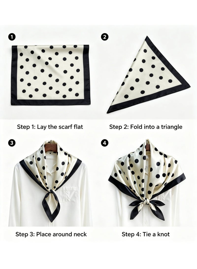 QITAI French Cream & Black Polka Dot Satin Square Scarf, Women's Elegant Silk Scarf, Versatile Neck & Head Scarf, Commute Decorative Shawl - Image 3