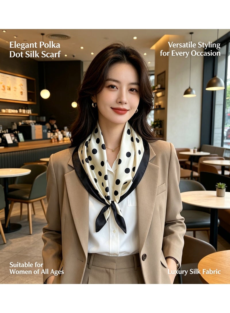 QITAI French Cream & Black Polka Dot Satin Square Scarf, Women's Elegant Silk Scarf, Versatile Neck & Head Scarf, Commute Decorative Shawl - Image 2