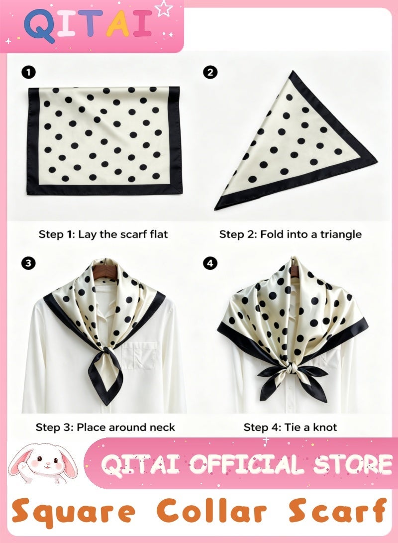 QITAI French Cream & Black Polka Dot Satin Square Scarf, Women's Elegant Silk Scarf, Versatile Neck & Head Scarf, Commute Decorative Shawl - Image 1