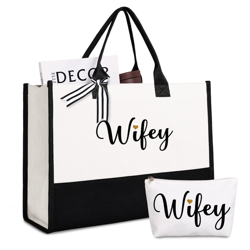 Lamyba Wifey Tote Bag with Makeup Bag Wifey Gifts for the Bride Bridal Shower Gifts Black and White