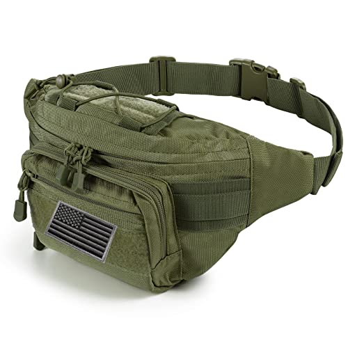 FRTKK Tactical Fanny Pack Military Waist Bag Pack with USA Flag Patch Utility Hip Pack with Adjustable Strap for Outdoors Fishing Cycling Camping Hiking Dog Walking (Army green 2) - Image 1