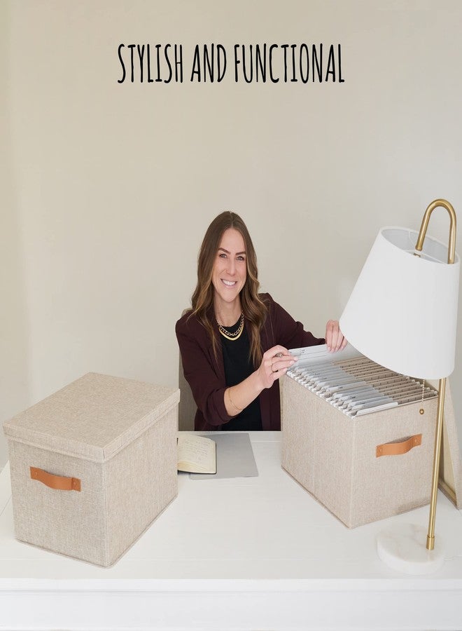 ZICOTO Decorative File Organizer Box Set of 2 - Collapsible Linen Filing Cabinets with Handles Are Perfect to Store All Your Documents & Hanging File Folders - Portable Easy Slide Office Crates with Lid - Image 2