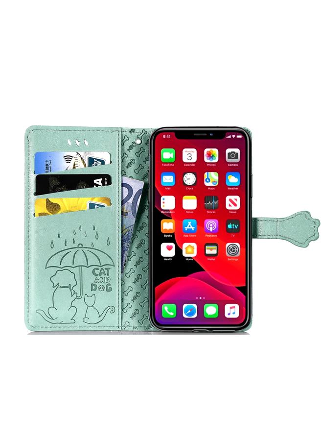 اس-توب جراب لهاتف iPhone 11 Pro من جلد البولي يوريثان منقوش بشكل قطة وكلب لطيف مع حامل / فتحة بطاقة / محفظة / حبل - Image 4