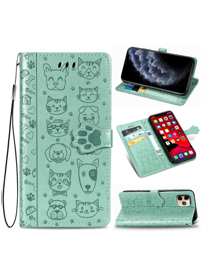 اس-توب جراب لهاتف iPhone 11 Pro من جلد البولي يوريثان منقوش بشكل قطة وكلب لطيف مع حامل / فتحة بطاقة / محفظة / حبل - Image 1