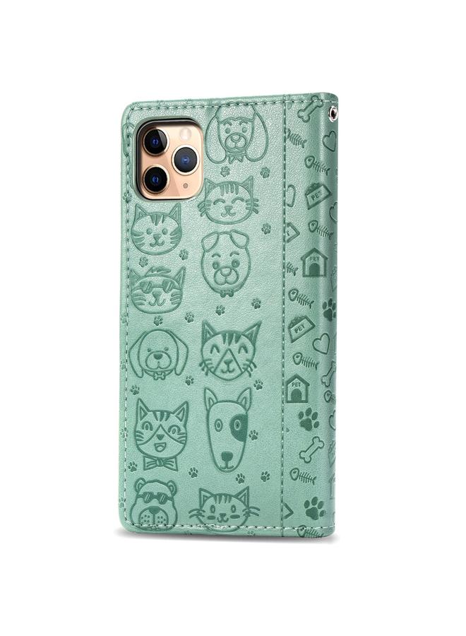 اس-توب جراب لهاتف iPhone 11 Pro من جلد البولي يوريثان منقوش بشكل قطة وكلب لطيف مع حامل / فتحة بطاقة / محفظة / حبل - Image 3