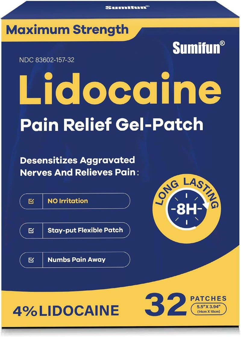 Sumifun لصقات سومي فون 4 ليدوكائين أقصى قوة لتخفيف الألم جل لصقة لآلام الظهر والكتف والعضلات وآلام الركبة وآلام المفاصل في الرقبة تخدر الألم لمدة تصل إلى 8 ساعات عدد كبير 32 - Image 1