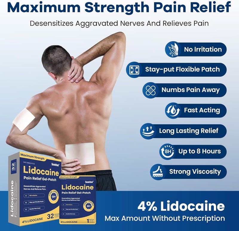 Sumifun لصقات سومي فون 4 ليدوكائين أقصى قوة لتخفيف الألم جل لصقة لآلام الظهر والكتف والعضلات وآلام الركبة وآلام المفاصل في الرقبة تخدر الألم لمدة تصل إلى 8 ساعات عدد كبير 32 - Image 2