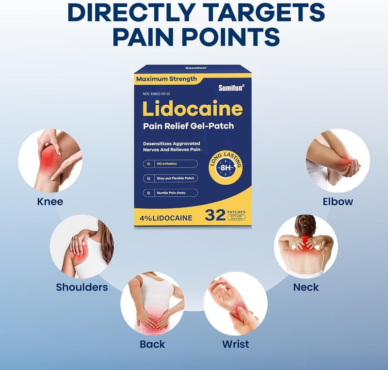 Sumifun لصقات سومي فون 4 ليدوكائين أقصى قوة لتخفيف الألم جل لصقة لآلام الظهر والكتف والعضلات وآلام الركبة وآلام المفاصل في الرقبة تخدر الألم لمدة تصل إلى 8 ساعات عدد كبير 32 - Image 3