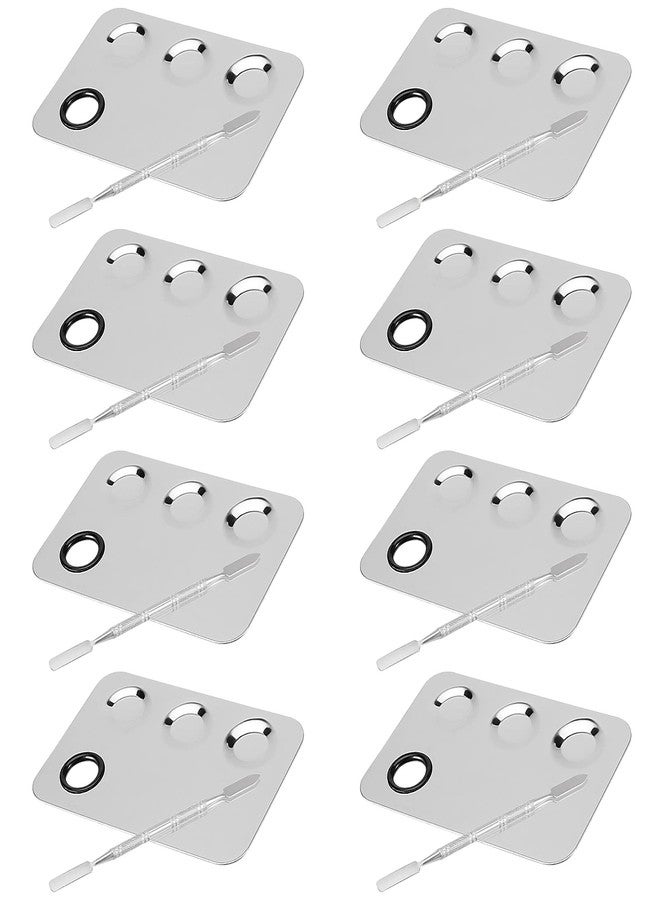 JAPCHET 8 PCS Mixing Makeup Palettes, 3-Well Makeup Palette Mixer Tray, Stainless Steel Cosmetic Palette with 8 PCS Spatula Tool, Multipurpose Makeup Applicators for Nail-Art, Cosmetic, Pigment - Image 1