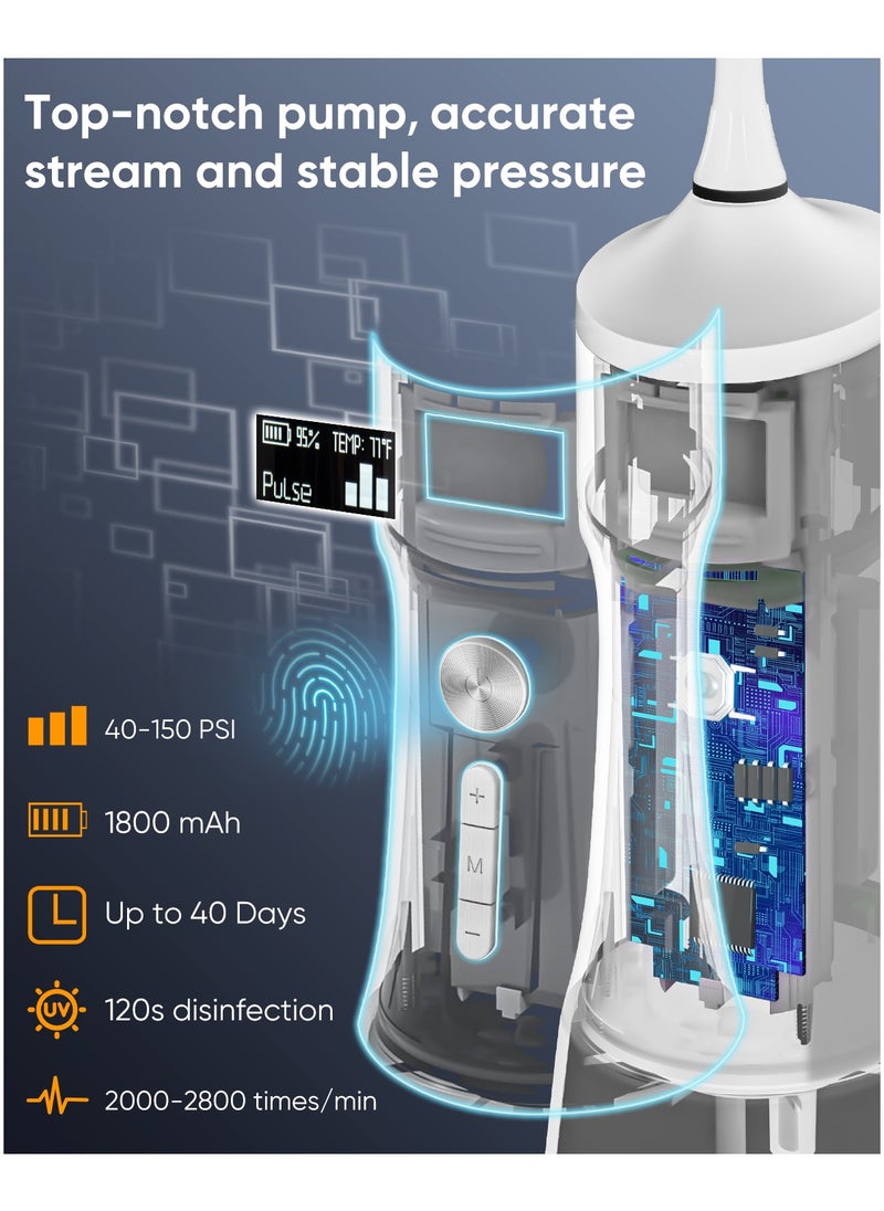 MySmile - MySmile LP221 UVC Sterilizable Cordless Water Flossers for Teeth 335ML Portable OLED Display Dental Flosser with 4 Modes 8 Jet Tips and a Storage Pouch for Home and Travel (Pearl White) - Image 1