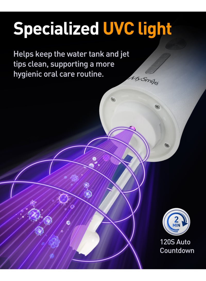 MySmile LP221 UVC Sterilizable Cordless Water Flossers for Teeth 335ML Portable OLED Display Dental Flosser with 4 Modes 8 Jet Tips and a Storage Pouch for Home and Travel (Pearl White) - Image 5