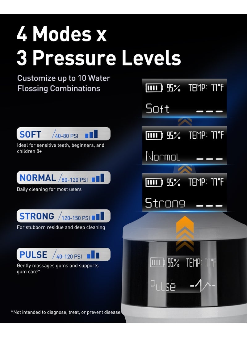 MySmile LP221 UVC Sterilizable Cordless Water Flossers for Teeth 335ML Portable OLED Display Dental Flosser with 4 Modes 8 Jet Tips and a Storage Pouch for Home and Travel (Pearl White) - Image 4