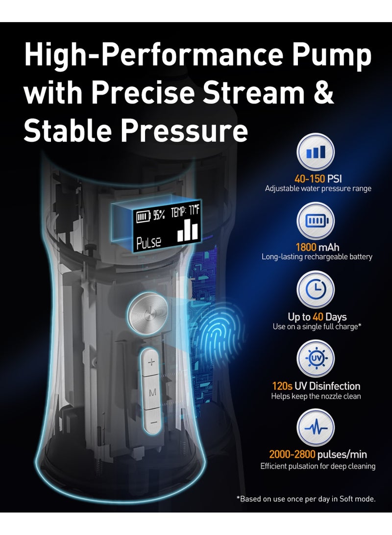 MySmile LP221 UVC Sterilizable Cordless Water Flossers for Teeth 335ML Portable OLED Display Dental Flosser with 4 Modes 8 Jet Tips and a Storage Pouch for Home and Travel (Pearl White) - Image 3