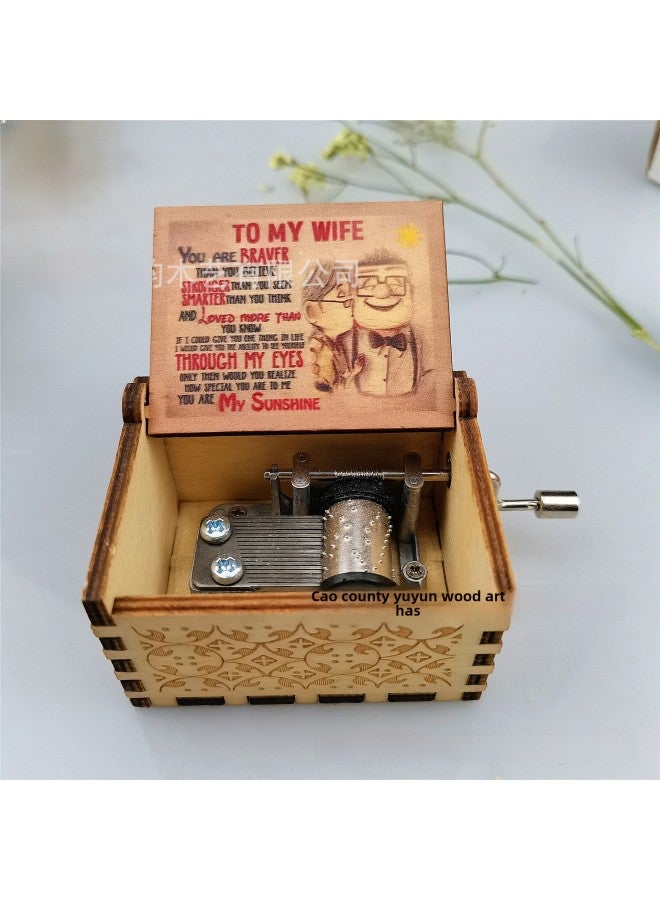 Classical Carved Wooden Hand-cranked Music Box You Are My Sunshine Eight-tone Music Box Customizable-Color:MOM Gave Her Daughter (white Skirt Holding Flowers)  - Image 4