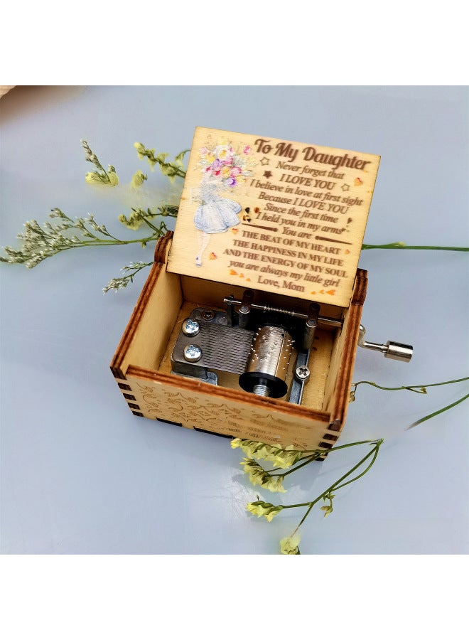 Classical Carved Wooden Hand-cranked Music Box You Are My Sunshine Eight-tone Music Box Customizable-Color:MOM Gave Her Daughter (white Skirt Holding Flowers)  - Image 1