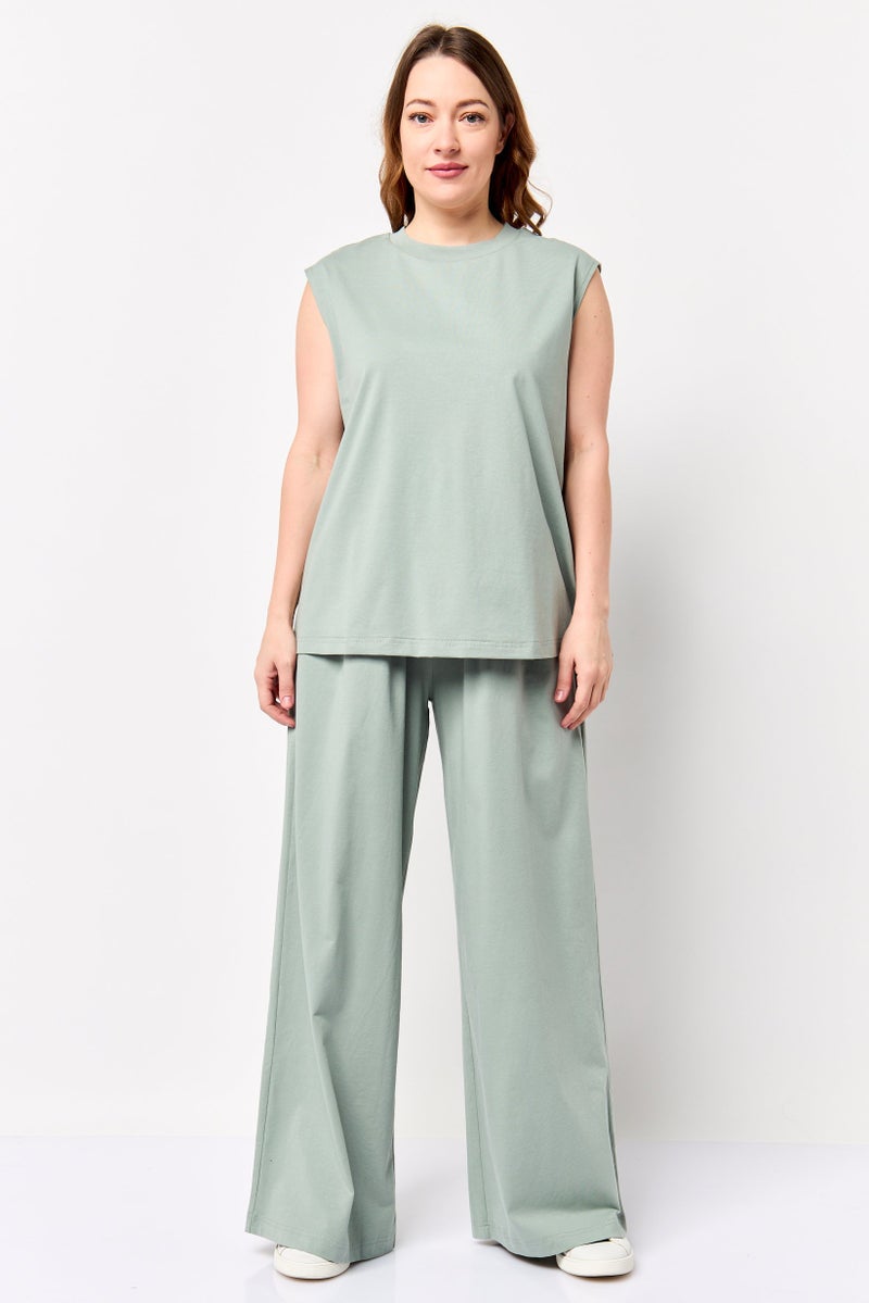 Fudo Comforts By Fudo Women 2 Pieces Sleeveless Plain Tank Top With Wide Leg Pants Set, Sage Green - Image 1
