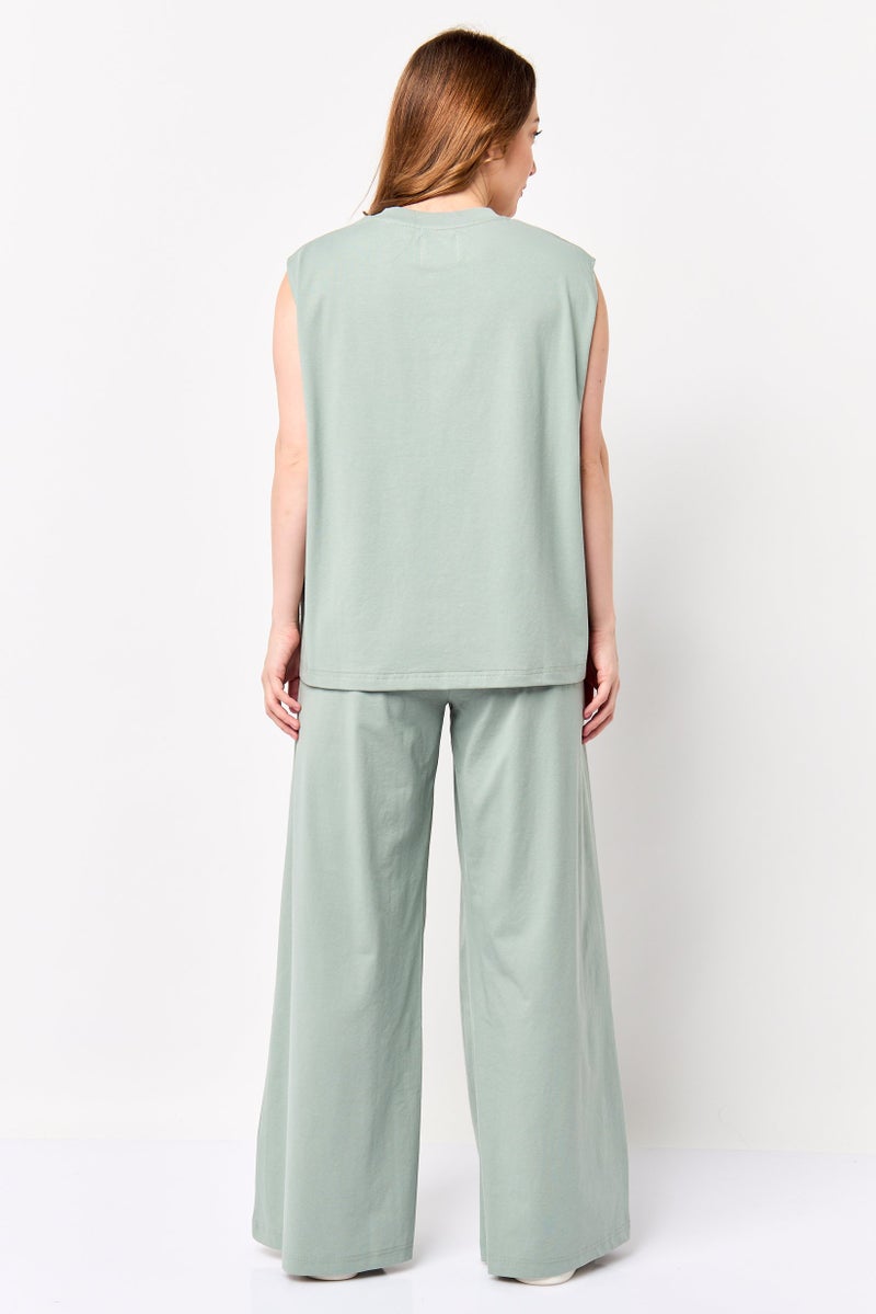 Fudo Comforts By Fudo Women 2 Pieces Sleeveless Plain Tank Top With Wide Leg Pants Set, Sage Green - Image 3