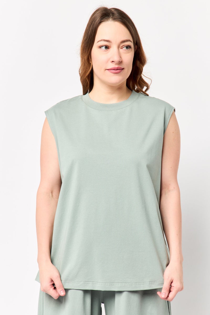 Fudo Comforts By Fudo Women 2 Pieces Sleeveless Plain Tank Top With Wide Leg Pants Set, Sage Green - Image 2