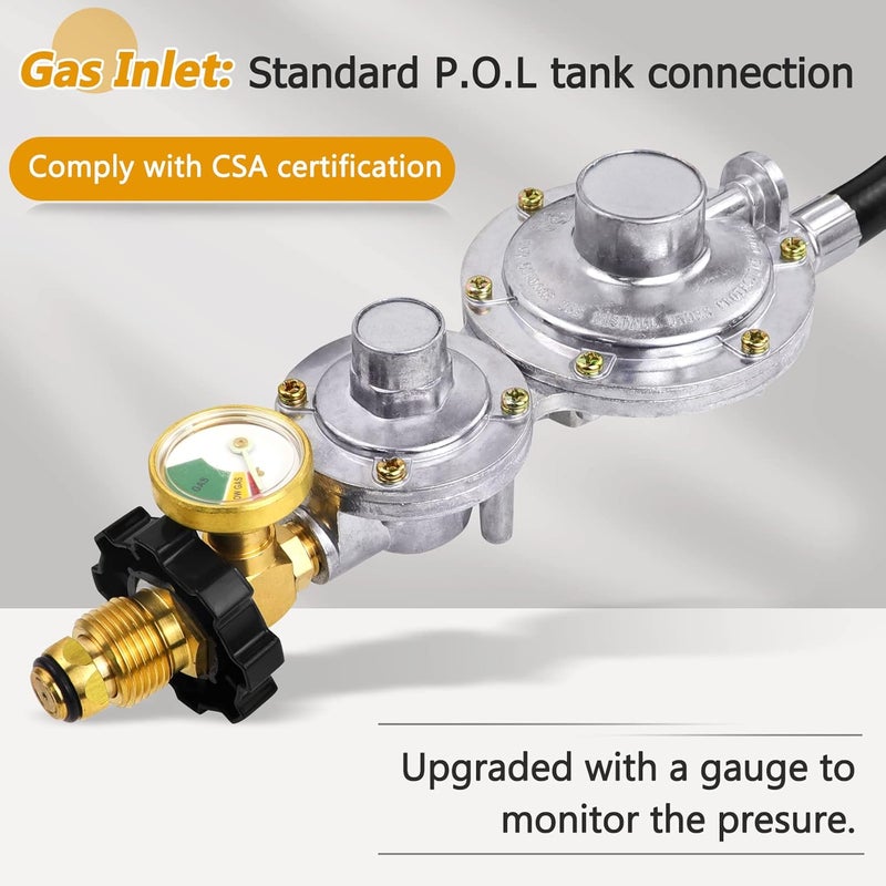 Azdele Upgraded Two Stage Propane Regulator with 10ft Hose and Gauge, Standard P.O.L Tank Connection, 3/8in Female Flare Fitting for Grill, Heaters, Fire Pit, Gas Generator/Stove/Range-CSA Certified - Image 2