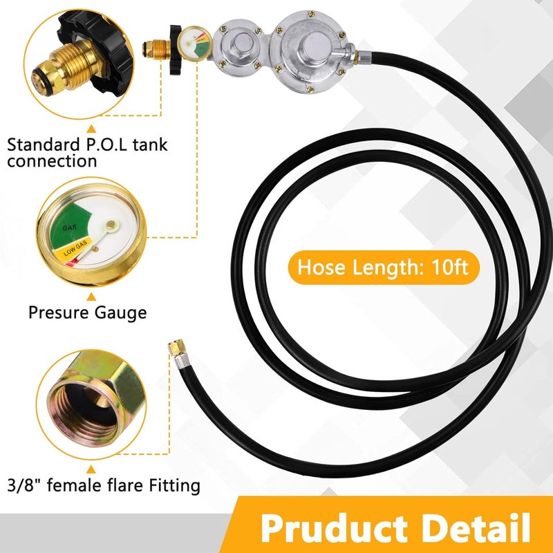 Azdele Upgraded Two Stage Propane Regulator with 10ft Hose and Gauge, Standard P.O.L Tank Connection, 3/8in Female Flare Fitting for Grill, Heaters, Fire Pit, Gas Generator/Stove/Range-CSA Certified - Image 4