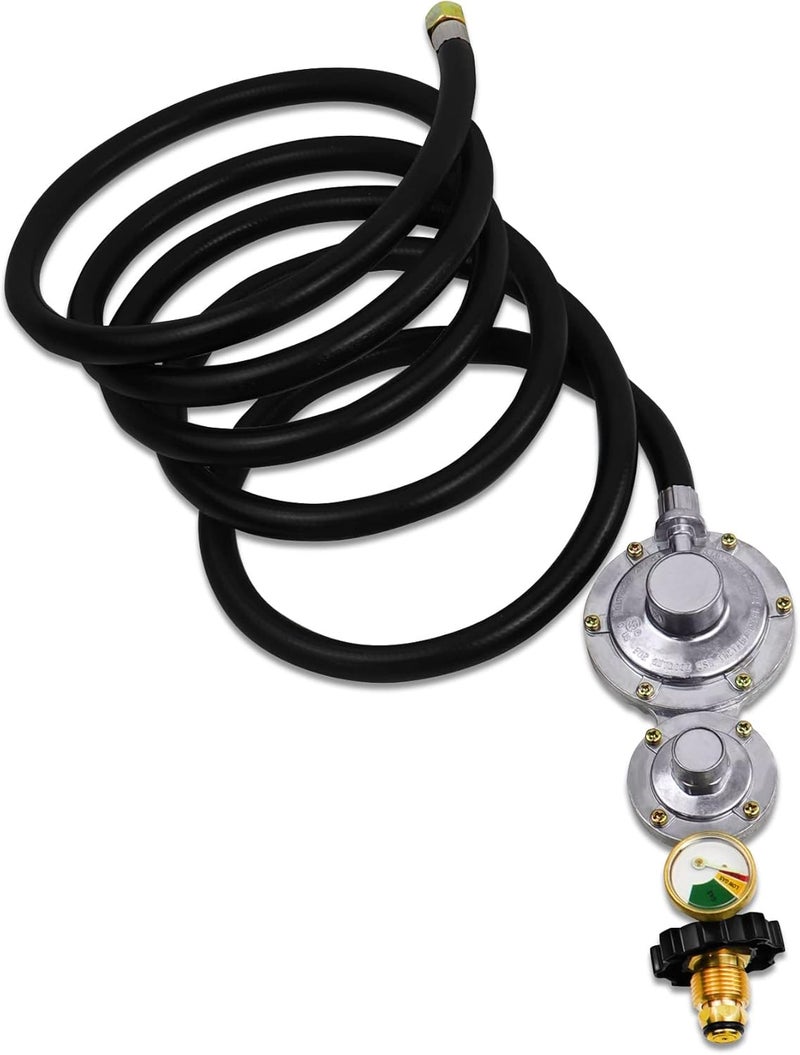 Azdele Upgraded Two Stage Propane Regulator with 10ft Hose and Gauge, Standard P.O.L Tank Connection, 3/8in Female Flare Fitting for Grill, Heaters, Fire Pit, Gas Generator/Stove/Range-CSA Certified - Image 1
