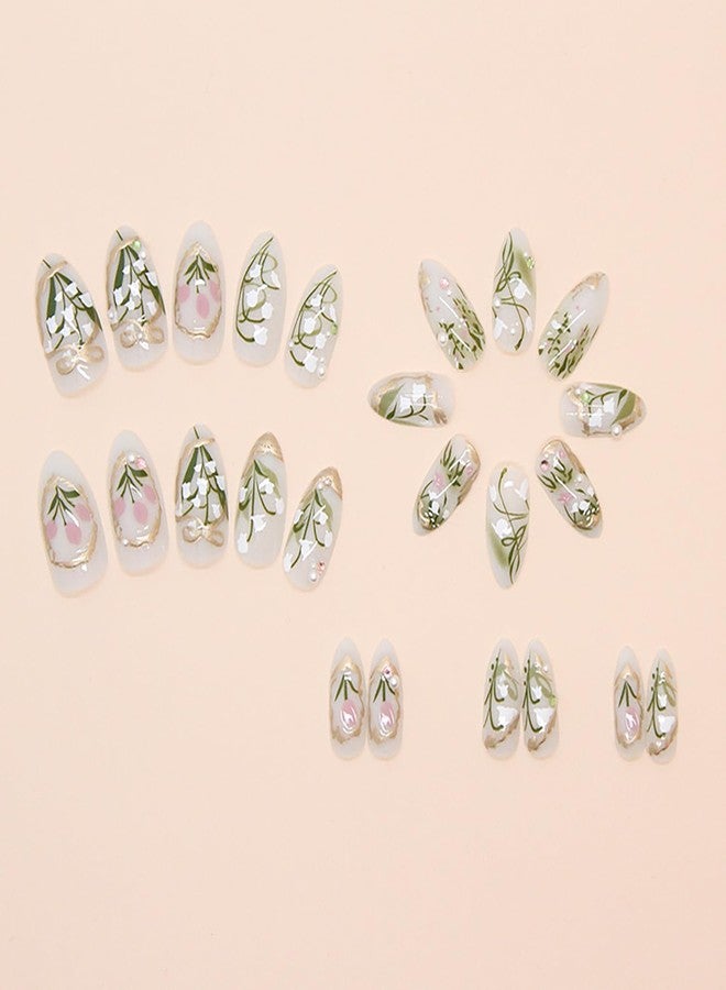 LYLYNB Flower Press on Nails Medium Almond Fake Nails 3D Pearl Rhinestone Acrylic Nails Spring Floral Glue on Nails Glossy False Nail Tips Cute Artificial Nails Summer Nails Press ons for Women, 24Pcs - Image 5
