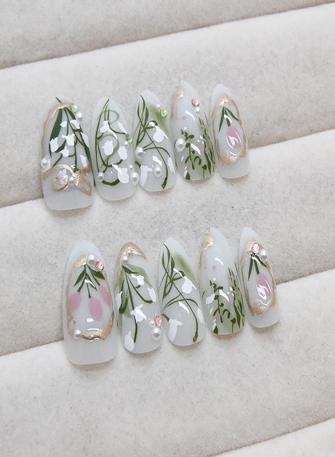 LYLYNB Flower Press on Nails Medium Almond Fake Nails 3D Pearl Rhinestone Acrylic Nails Spring Floral Glue on Nails Glossy False Nail Tips Cute Artificial Nails Summer Nails Press ons for Women, 24Pcs - Image 4