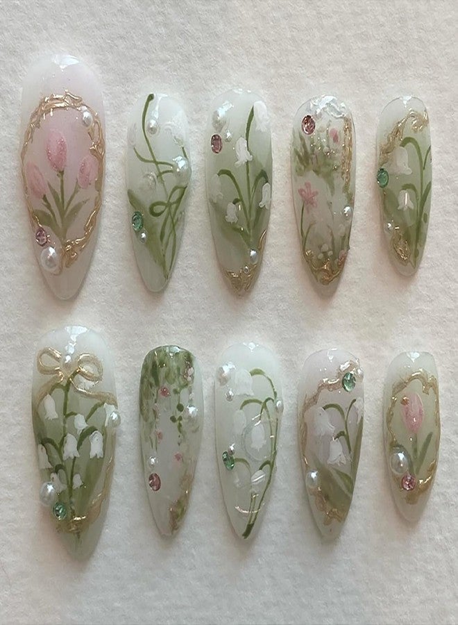 LYLYNB Flower Press on Nails Medium Almond Fake Nails 3D Pearl Rhinestone Acrylic Nails Spring Floral Glue on Nails Glossy False Nail Tips Cute Artificial Nails Summer Nails Press ons for Women, 24Pcs - Image 1