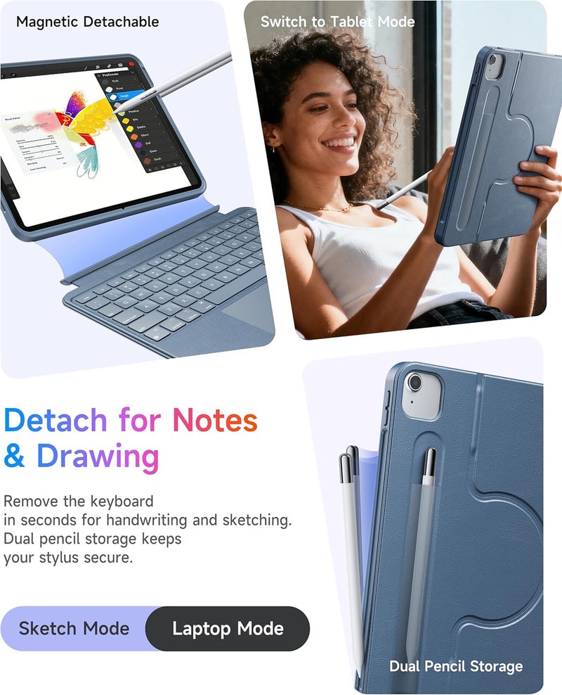 HOU for iPad Air 11 Case with Keyboard (M3 2025, M2 2024) Detachable Rotatable Magnetic Full Protection Case, Backlight, Touchpad, Elastic Pen Holder for iPad Pro 11 (4th-1st) & Air (5/4th)–Blue - Image 4