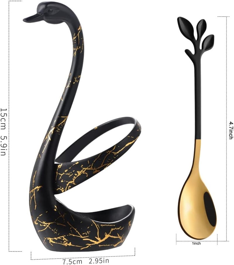 AnSaw Small Coffee Spoon Holder Set,Black Swan Base With 10 Pcs Black & Gold Demitasse Espresso Spoons Set,4.7" Mini Leaf Dessert Spoon,Stainless Steel Tea Spoons - Image 2
