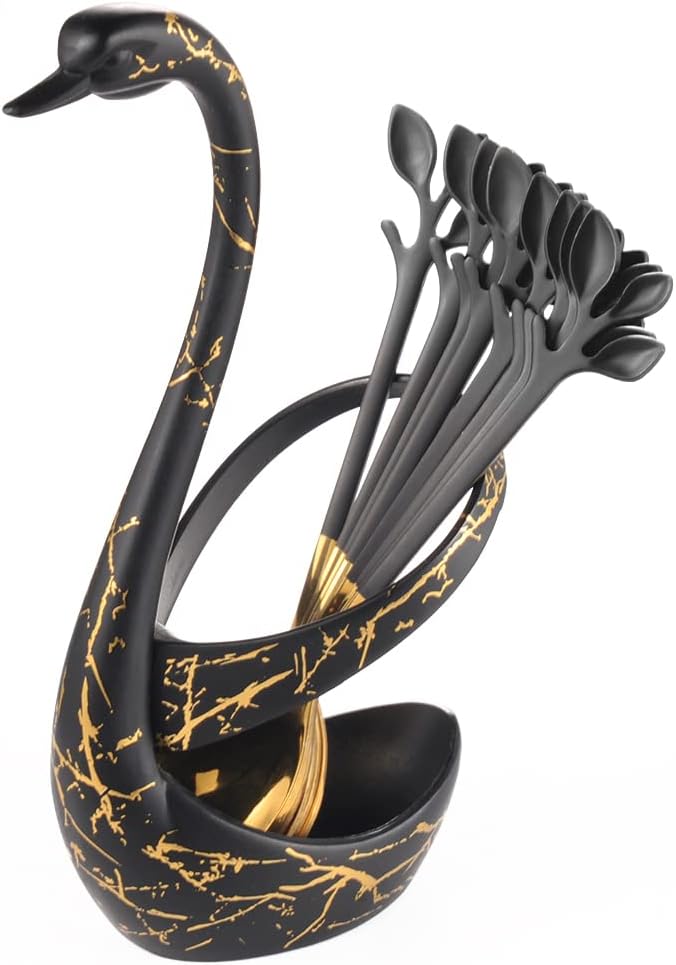 AnSaw Small Coffee Spoon Holder Set,Black Swan Base With 10 Pcs Black & Gold Demitasse Espresso Spoons Set,4.7" Mini Leaf Dessert Spoon,Stainless Steel Tea Spoons - Image 4