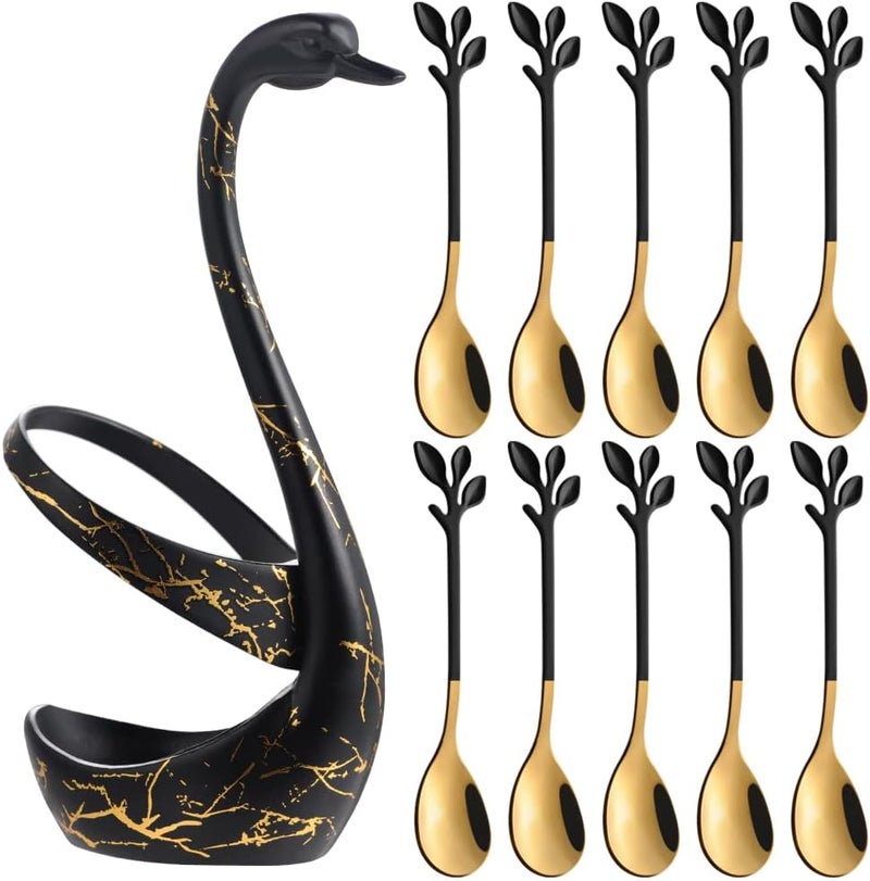 AnSaw Small Coffee Spoon Holder Set,Black Swan Base With 10 Pcs Black & Gold Demitasse Espresso Spoons Set,4.7" Mini Leaf Dessert Spoon,Stainless Steel Tea Spoons - Image 1