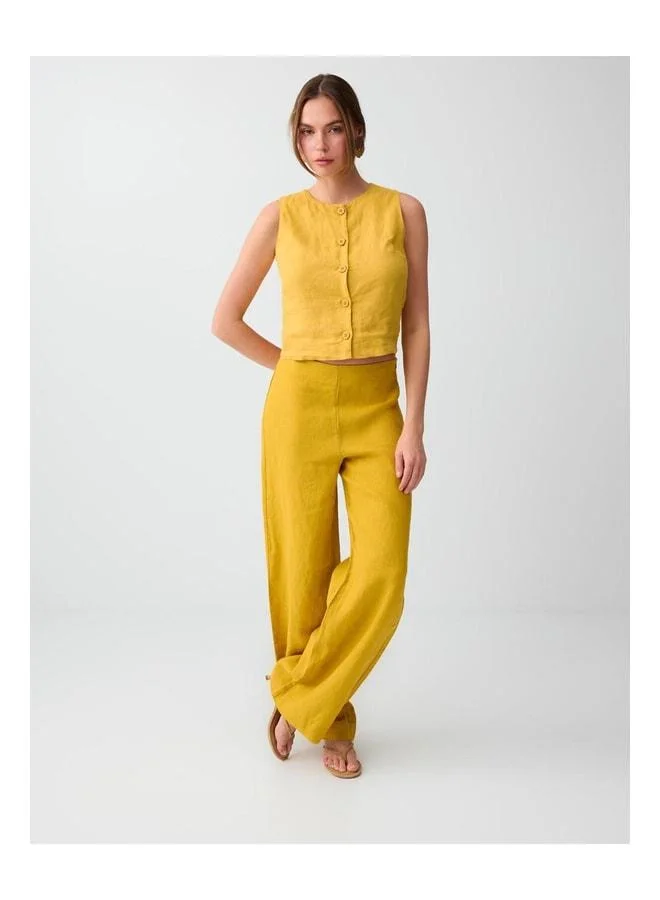 Jimmy Key Mustard 100% Linen Regular Fit Long Waist Pants.
